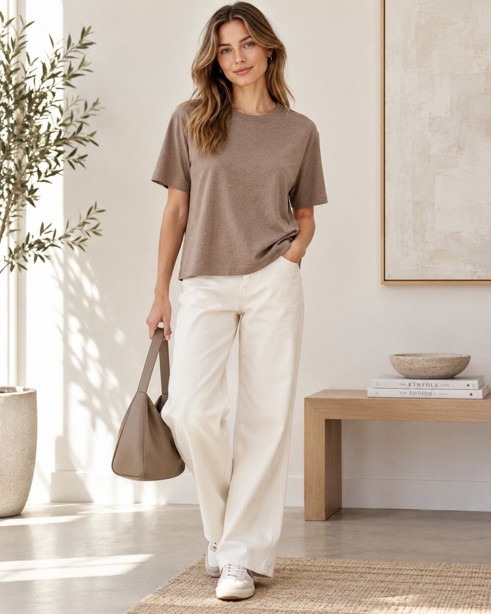 Scandinavian Minimalist Luxe Boxy Tee COS Taupe Brown Cotton Crew Neck Top L